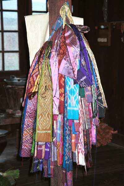 40K Jpeg 9809P15 A bundle of pattern strips used for reference when tying off the silk weft threads during the ikat dyeing process at a weaving mill at Innbawkon (Inpawkhon) on Lake Inle, Shan State. 