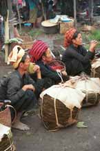 to 31K Jpeg 9809N03 Pa'O women at Nampan 5-day rotating market, Lake Inle, Shan State with their piles of thanapet leaf from cordia trees used for rolling around the local cheroots. 