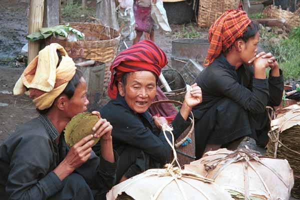 34K Jpeg 9809N04 Pa'O women at Nampan 5-day rotating market, Lake Inle, Shan State with their piles of thanapet leaf from cordia trees used for rolling around the local cheroots.