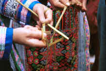 Jpeg 41K Miao women demonstrating separating ramie fibre from under the bark having stripped them from the twig - Chang Tion village, Cheng Guan township, Puding county, Guizhou province 0010w22.jpg