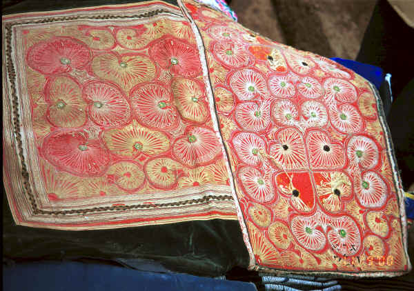 Close-up of couched embroidery baby carrier - style embroidery and batik strap would suggest this is a Side Comb Miao carrier - Chang Tion village, Cheng Guan township, Puding county, Guizhou province 0010w30.jpg