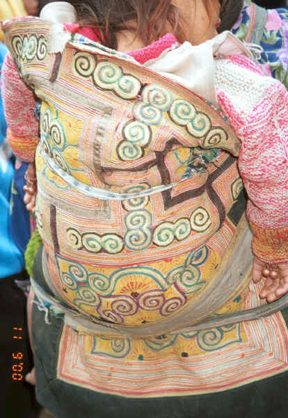 Miao baby carrier in the Side Comb Miao style - Close-up of couched embroidery baby carrier - Chang Tion village, Cheng Guan township, Puding county, Guizhou province 0010w37.jpg