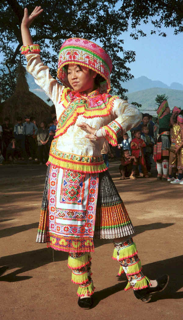 The leader of the young dance troupe - a senior middle school girl - who had choreographed the performance.  Da Shu Jia village, Xin Zhou township, Longlin county, Guangxi province 0010h20.jpg