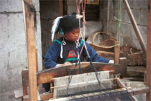 to Jpeg 53K  0110E06   Woman weaving an indigo plaid fabric on an upright heddle loom in Gan He village, Ya Rong township, Huishui county, Guizhou province, south-west China. The people living in this village are known as Qing Miao. There has been considerable intermarriage between Miao and Bouyei and the costume is very mixed.