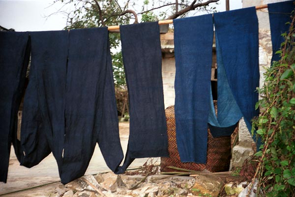 Jpeg 50K  0110E11 Long lengths of fabric hanging out on the line to oxidise in the indigo dyeing process in Gan He village, Ya Rong township, Huishui county, Guizhou province, south-west China. The people living in this village are known as Qing Miao. There has been considerable intermarriage between Miao and Bouyei and the costume is very mixed.