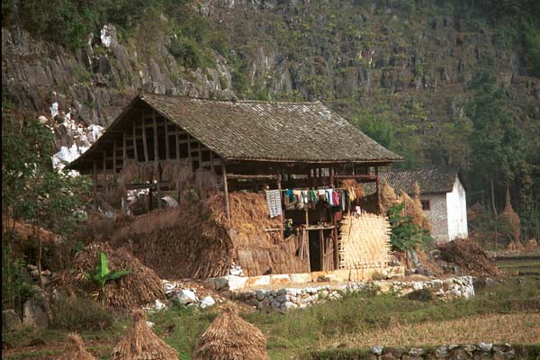 Jpeg 49K  /0110E28 House and barn near Gan He village, Ya Rong township, Huishui county, Guizhou province. This is a Qing Miao (or Bouyei/Miao) village as there has been much intermarriage and the costume is very mixed). 