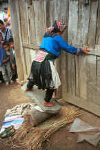 Jpeg 36K White Miao woman using rocking on a stone balanced on a tree trunk to soften hemp or ramie thread 0010j06.jpg