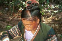 Jpeg 35K Side Comb Miao married woman showing how her hair is twisted into a coil on top of her head and the 'side comb', which gives the group their Han nickname, placed in the top of the coil - Pao Ma Cheng village, Teng Jiao township, Xingren country, Guizhou province 0010n22.jpg