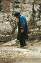 Jpeg 49K Old Bouyei woman walking alongside the outer wall of Shitou village, Huanggousu township, Zhen Nin county, Guizhou province 0010u04.jpg