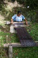to 55K Jpeg 0188 Weaving a lenghth of fabric for a sarong - one of the weavers of Watublapi, Flores, who use homegrown cotton and natural dyes for their weaving, showing their traditional weaving skills (2004).