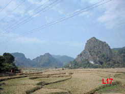 Rice fields and karst outcrops in the area which was the headquarters of the Pathet Lao during the American Secret War. 