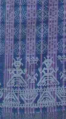 to Jpeg 51K A detail of an ancient blanket. These blankets have anthropomorphic and zoomorphic figures reminiscent of Chinese and possibly Indonesian design; Iloilo, Philippines
