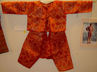 to 70K Jpg 21 - Bogobo man's abaka and plangi (tie-dye) jacket and trousers, Mindanao, early 20th century. Jacket 117 cm x 41 cm x 49 cm. Trousers 59 cm x 66 cm