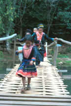 to Jpeg 35K Blue Hmong mother and children crossing a slit bamboo bridge near the 'fish cave' close to Mae Hong Son