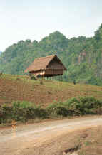 to Jpeg 51K Black Thai building - probably for storing rice rather than a house as there is little sign of the traditional balcony around it.  At the side of the road from Son La to Dien Bien Phu, Son La Province. 9510C13.JPG