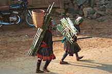 to Jpeg 46K 9510G34  Hmong, possibly Flowery Hmong, walking home in the early evening through the town of Phong Tho (Phong Thanh) in Lai Chau Province with their burden of cut bamboo.