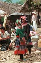 to Jpeg 51K  9510K31 Flowery Hmong women at a small local market on the way down from the mountains around Sa Pa towards the town of Lao Cai, Lao Cai Province. Note their plain indigo dyed leg wrappings; mid-length skirt with applique, wax resist insert with some applique; relatively short front and back machine applique aprons; and blouses - one purchased velour and the other indigo dyed woven bast or purchased cotton fabric with applique and possibly some embroidery around the neck, front opening and sleeve bottoms.  On their heads one woman is wearing an imported machine woven woollen scarf from China and the other appears to be wearing an apron to protect her head from the sun.I bought a length of wax resist and a machine applique apron from these women.