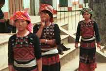 to 53K Jpeg 9510I16a Three very shy Phula, Xa Pho girls in Sa Pa, Lao Cai Province, north west Vietnam. Note the wool embroidery on the blouse and skirts with Jacob's tear seeds on the blouses. 