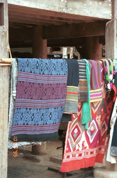 Southern White Thai weavings hanging outside houses in In Ban Lac village in the Mai Chau district, Hoa Binh (Ha Son Binh) Province 951025E